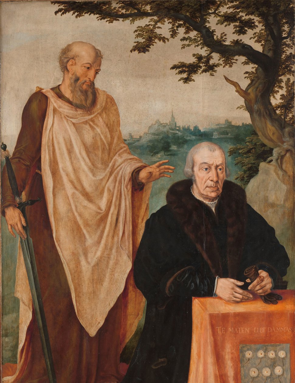 Sibylla Erythrea Levé křídlo triptychu: Donor Matelief Dammasz. a svatý Pavel (vpředu) a Erythraejská Sibyla (vzadu) od Maarten van Heemskerck