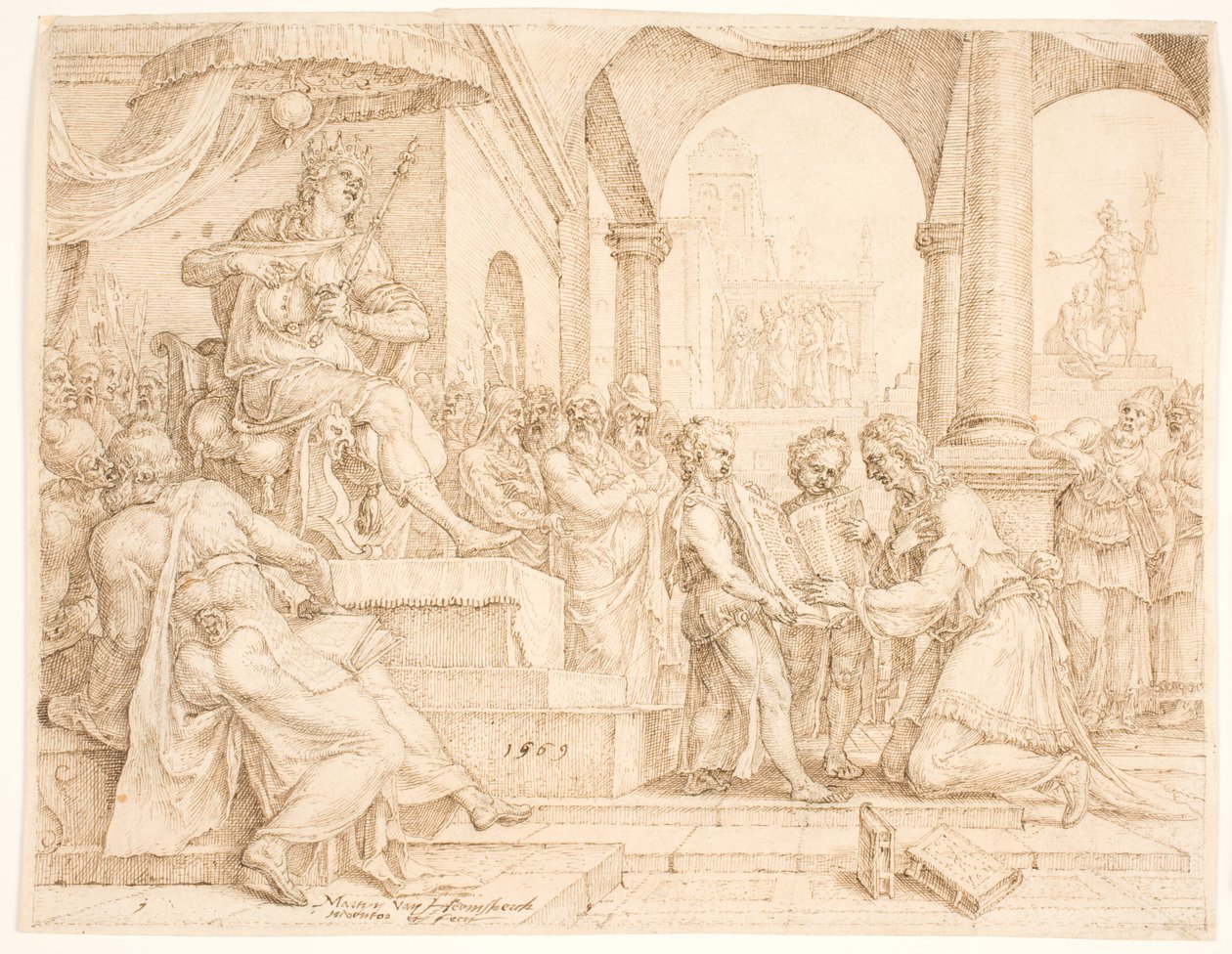 Státní úředník Sjafan čte z knihy zákonů králi Josiasovi, který mu trhá šaty od Maarten van Heemskerck