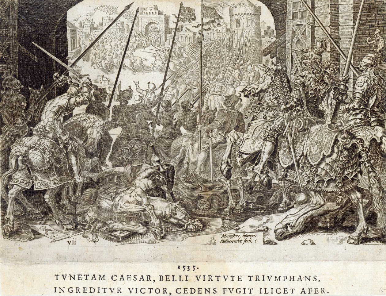 Dobytí Tunisu v roce 1535, deska 7 z „The Military Achievements of Emperor Charles V“, ryl Dirk Volkertsz Coornhert (1522-90), 1555 (rytina a lept) od Maarten van Heemskerck