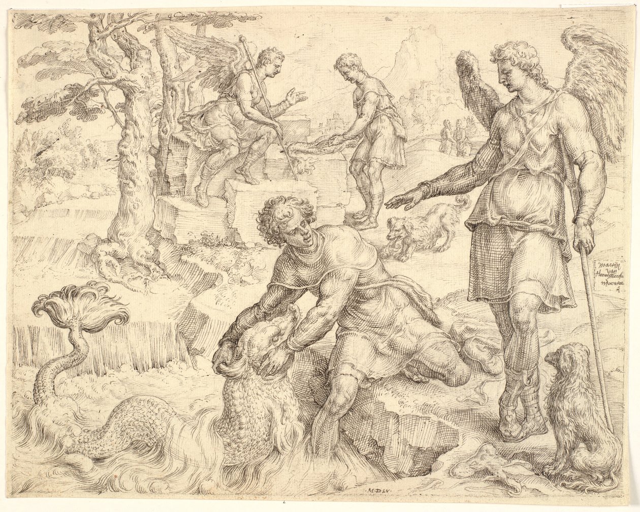 Tobiáš chytá ryby v řece Tigris od Maarten van Heemskerck