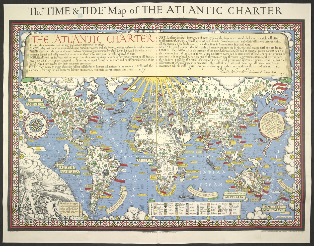 Mapa času a přílivu Atlantické charty od MacDonald Gill