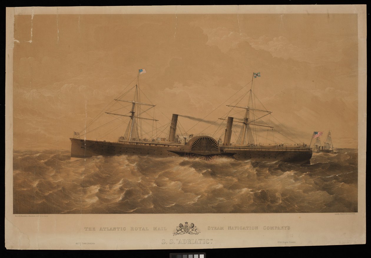 Parník S.S. Adriatic společnosti Atlantic Royal Mail Steam Navigation Company, asi 1856 (litografie, tónovaná) od Macdonald & Co. Maclure