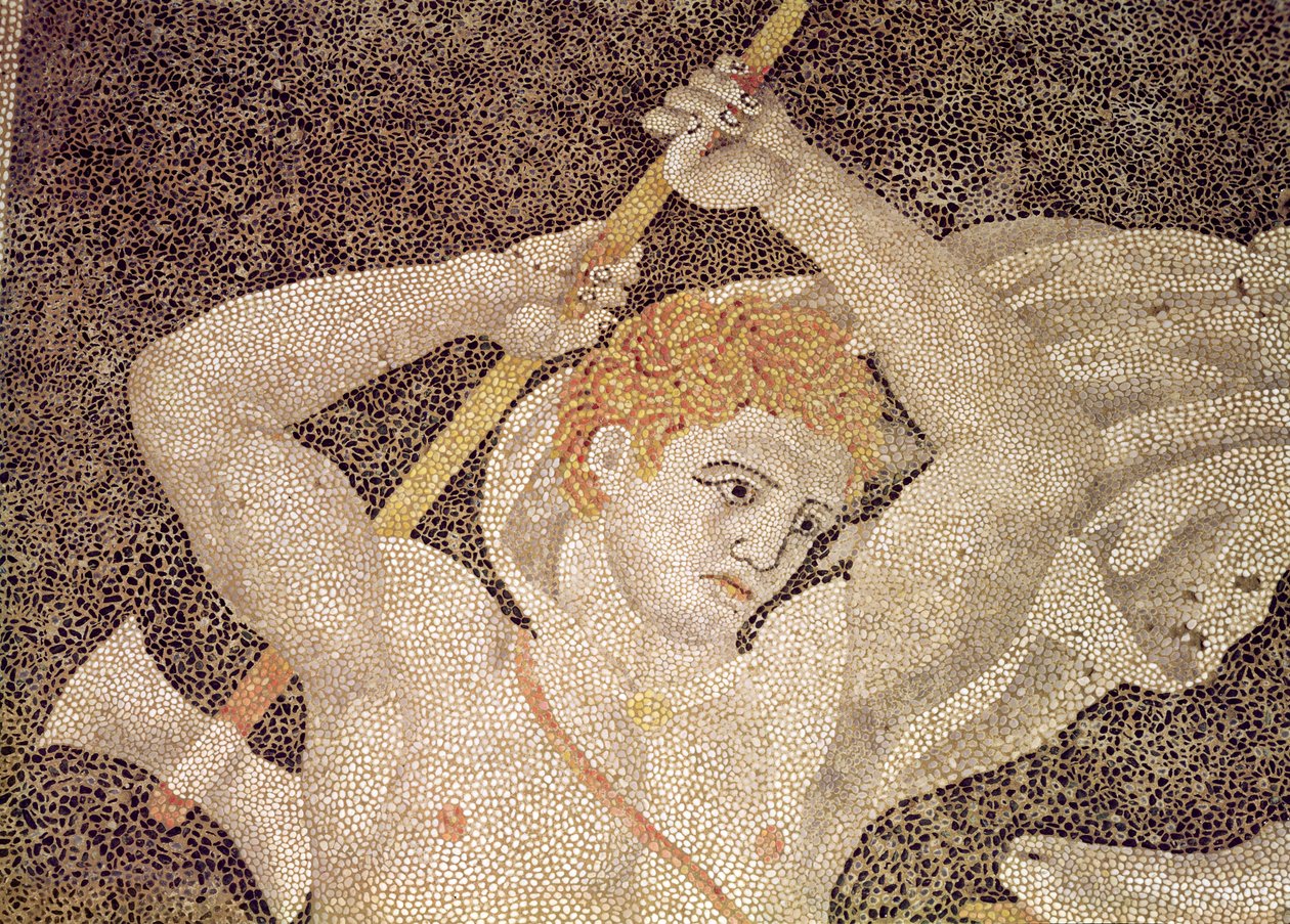 Lov na jelena, detail lovce, z mozaiky Dům únosu Heleny od Macedonian School