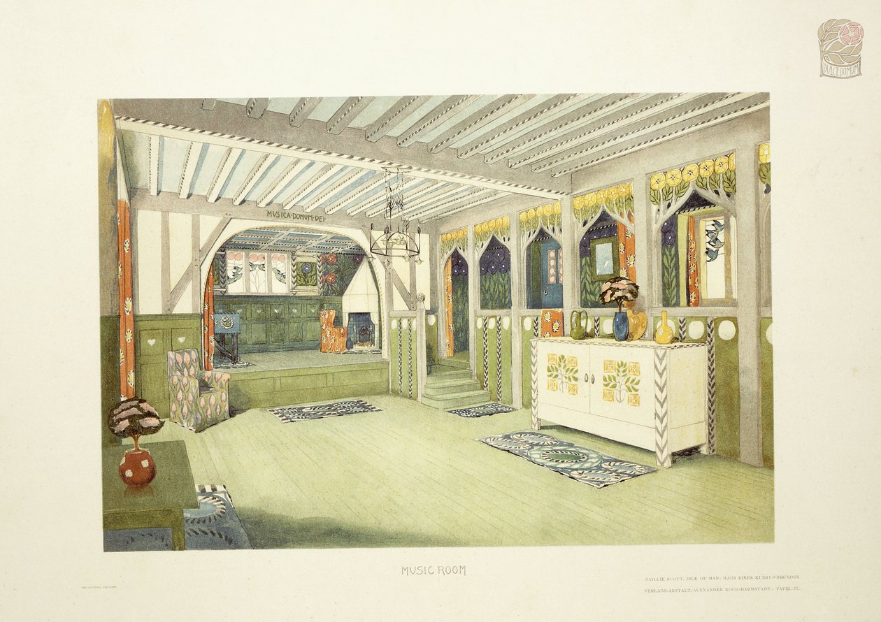 Music Room, Isle of Man, kolem roku 1901 (barevná litografie) od Mackay Hugh (after) Baillie Scott