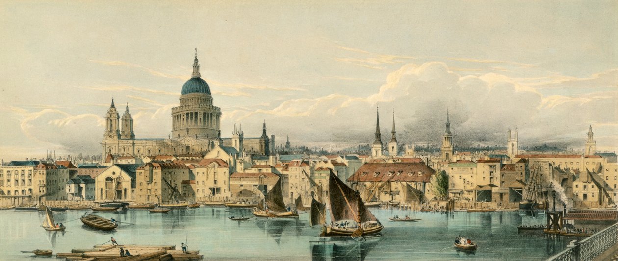 Lodě na řece Temži a katedrála svatého Pavla, City of London, 50. léta 19. století od Maclure