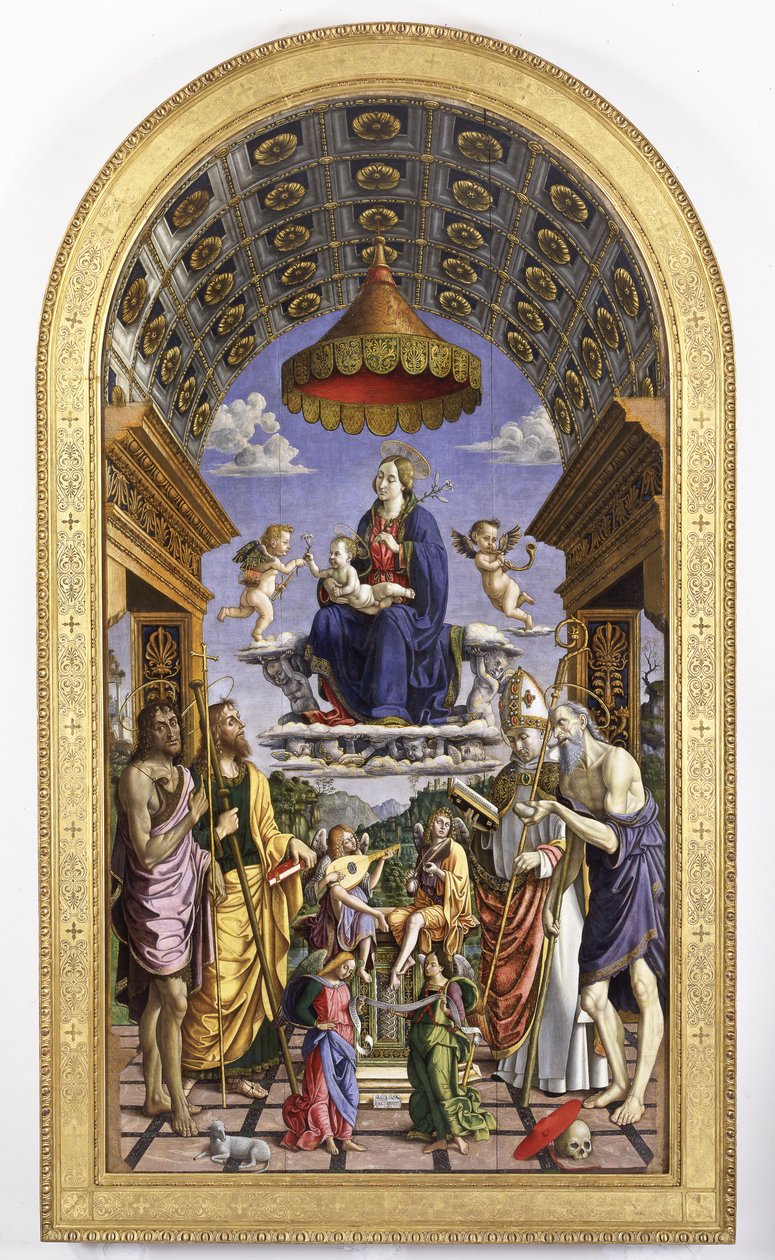 Madonna s dítětem ve slávě, hudební andělé a svatí Jan Křtitel, Jakub, Ugo a Jeroným, 1498 od Macrino dAlba