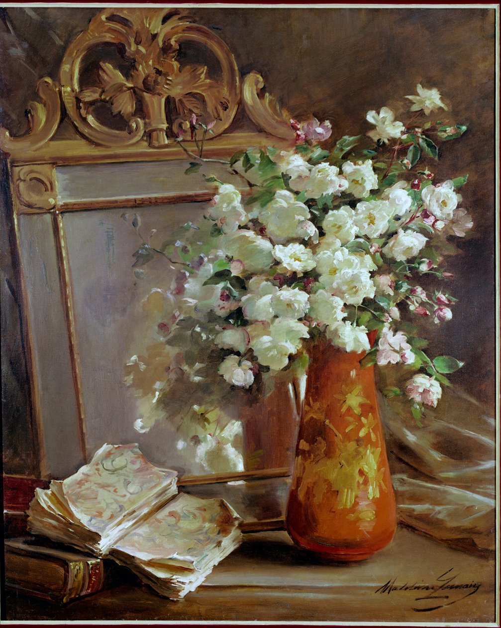 Červená váza zátiší se zrcadlem, kyticí květin a knihou. Obraz Madeleine Lemaire (1845-1928), 20. století. Soukromá sbírka od Madeleine Lemaire