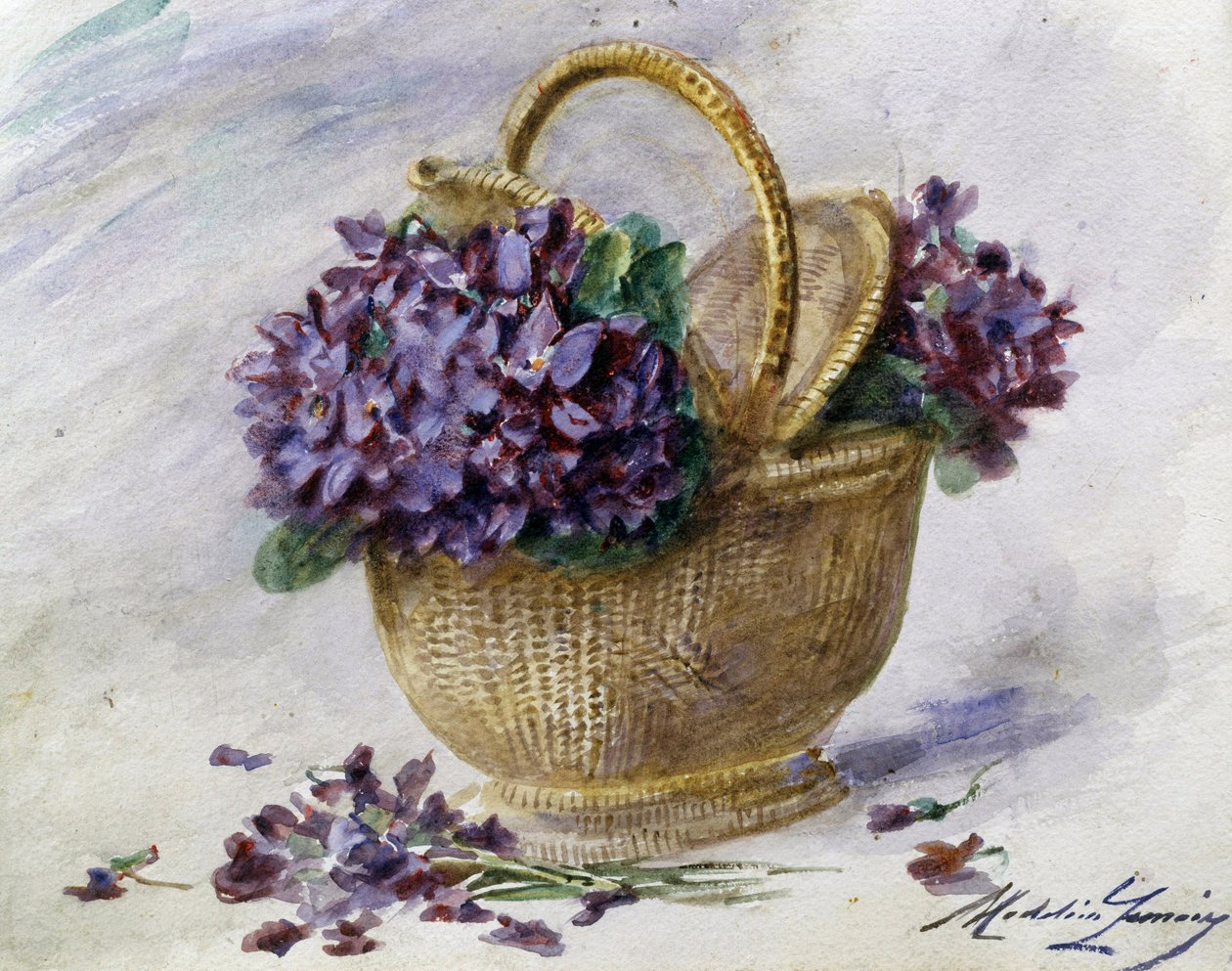Košík fialek. Obraz Madeleine Jeanne Lemaire (1845-1928, Francie) Soukromá sbírka od Madeleine Lemaire