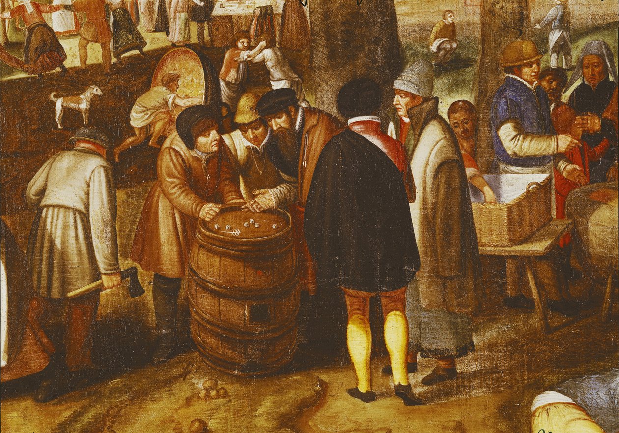 Vlámský veletrh, detail mužů hrajících v kostky od Maerten van Cleve