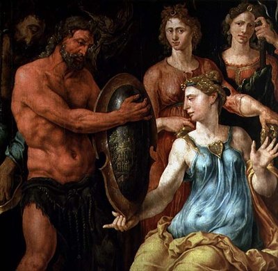Vulkán ukazuje bohům, jak chytil Venuši a Marse do svých sítí, asi 1536 (deska) od Maerten van Heemskerck