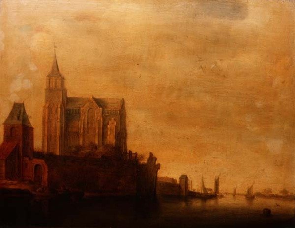 Groote Kerk s výhledem na hlavní věž, Emmerich v říční krajině s plachetnicemi od Maerten Fransz van der Hulst