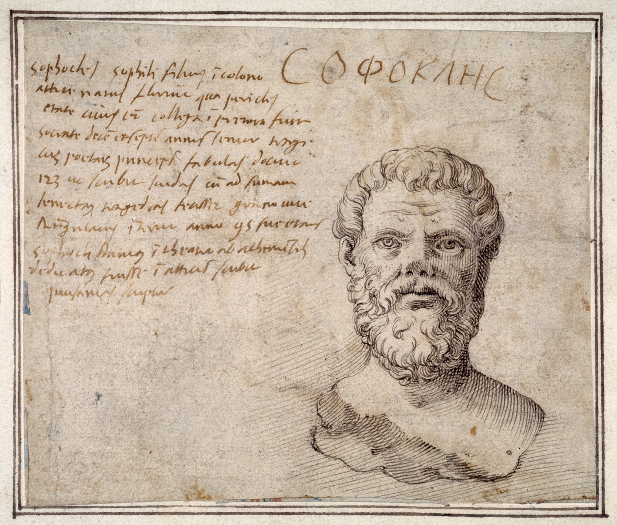 Starožitná busta Sofokla, s poznámkami, podle Fulvia Orsiniho (pero a inkoust na papíře) od Maerten van Heemskerck
