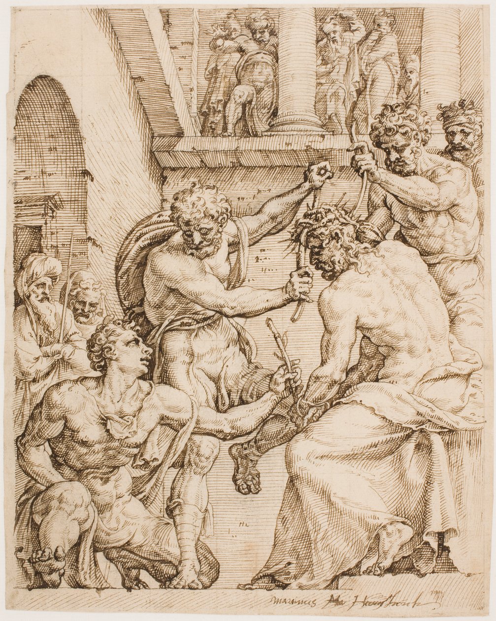 Kristus je korunován trním, c. 1548 (pero, hnědý inkoust a černá křída na lesklém papíře) od Maerten van Heemskerck