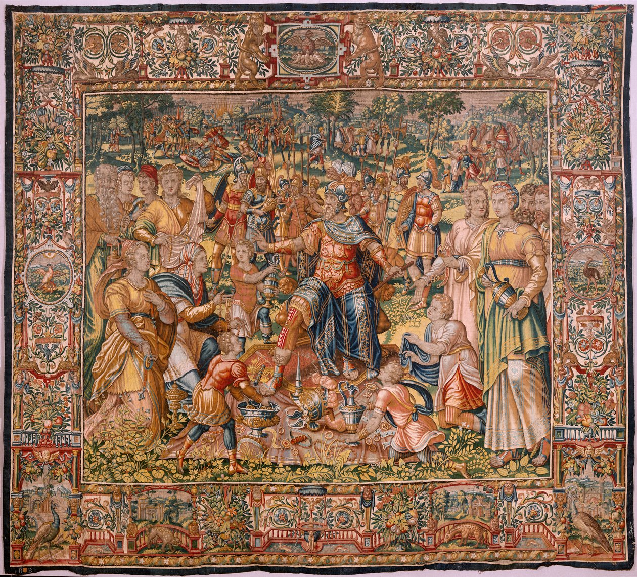 Diecézní muzeum (Diecézní muzeum). Vlámský gobelín. Brusel. Workshop Françoise Geubelse. Seriál Gideonův příběh. Izraelité odevzdávají svou část kořisti Gedeonovi. Hedvábí a vlna. Odkaz Bisho od Maerten van Heemskerck
