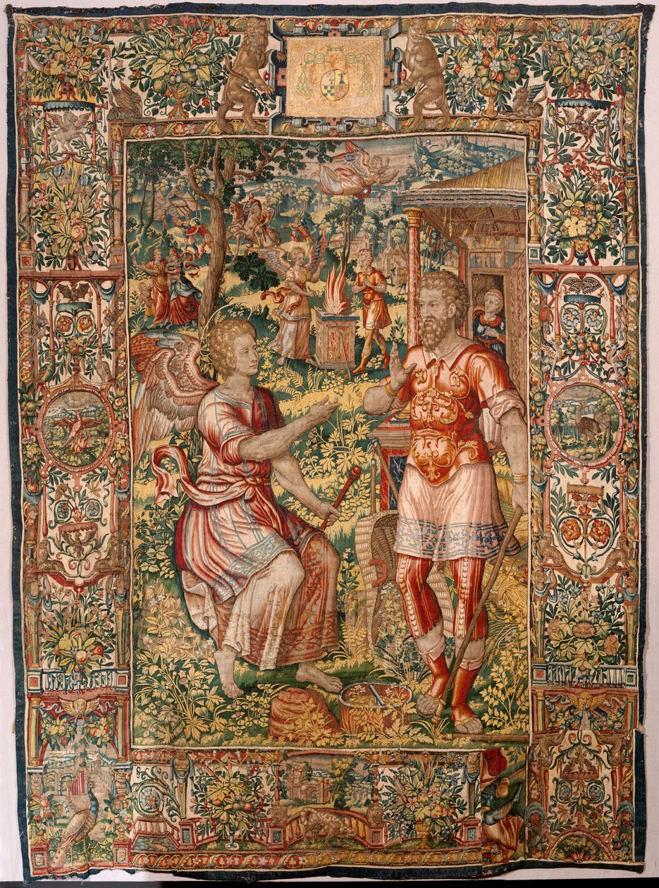Diecézní muzeum (Museo Diocesano). Vlámský gobelín. Brusel. Ateliér François Geubels. Seriál Příběh Gideona. Gideon a anděl (Gedeón y el ángel). Hedvábí a vlna. Odkaz biskupa Vicente Roca de la Serna. Barokní. 1534-1571, v katedrále od r od Maerten van Heemskerck