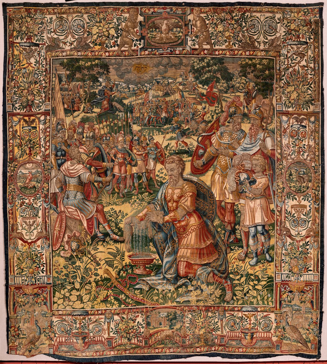 Diecézní muzeum (Museo Diocesano). Vlámský gobelín. Brusel. Ateliér François Geubels. Seriál Příběh Gideona. Zázrak vlněného rouna (Prueba del vellón de lana). Hedvábí a vlna. Odkaz biskupa Vicente Roca de la Serna. Barokní. 1534-1571, i od Maerten van Heemskerck