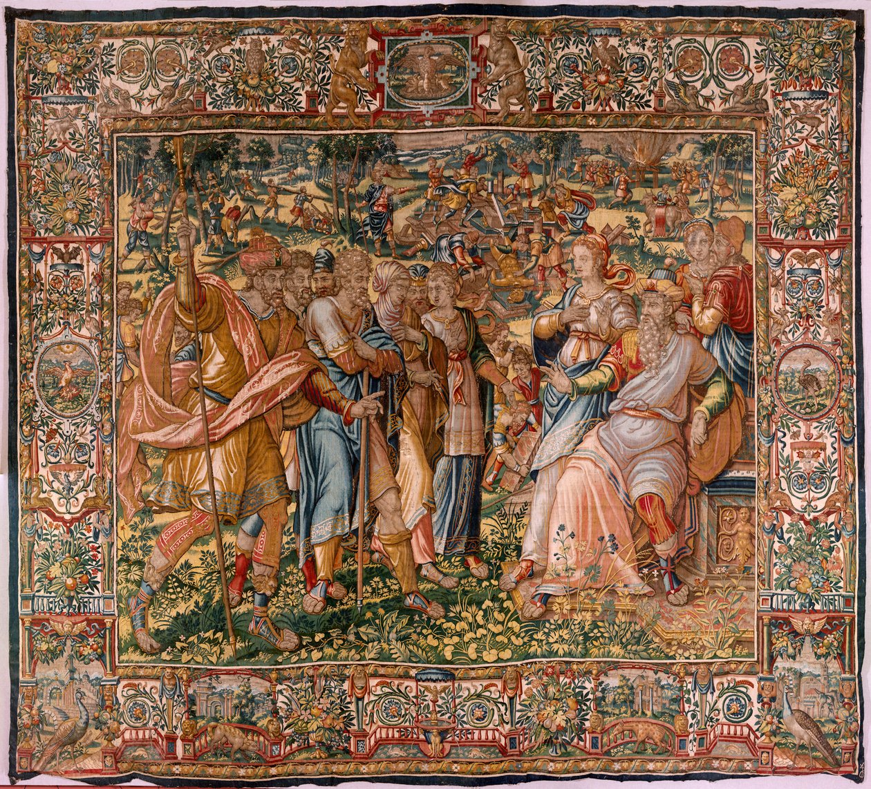 Diecézní muzeum (Diecézní muzeum). Vlámský gobelín. Brusel. Workshop Françoise Geubelse. Seriál Gideonův příběh. Joash je informován, že Gideon zničil Baalův oltář (Joash je informován, že Gideon strhl Baalův oltář). Hedvábí a vlna. Beque od Maerten van Heemskerck