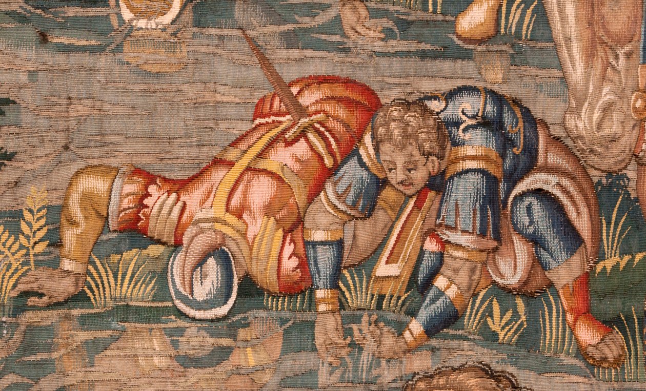 Diecézní muzeum. Vlámský gobelín. Brusel. Ateliér Francois Geubels. Seriál Příběh Gideona. Válečníci jsou vybráni. Hedvábí a vlna. Odkaz biskupa Vicente Roca de la Serna. Barokní. 1534-1571, v r od Maerten van Heemskerck
