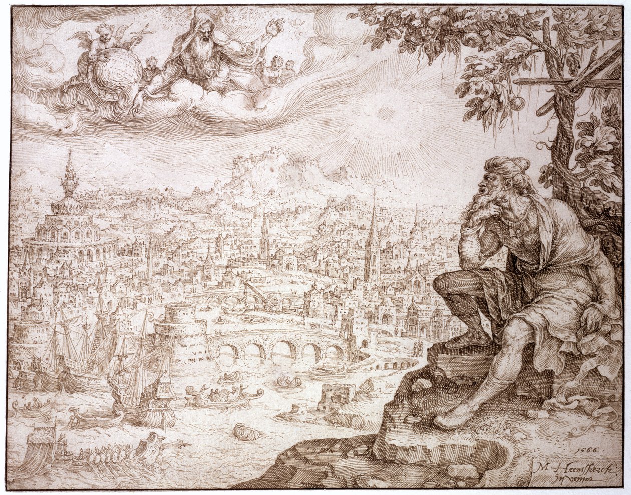 Jonáš, sedící pod tykví, uvažuje o městě Ninive, 1566 (pero a hnědý inkoust naříznutý perem na papíře) od Maerten van Heemskerck