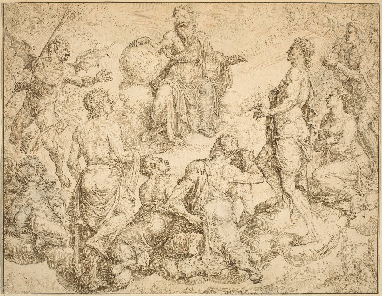 Satan vyzývá Boha, aby Jobovi odňal svou ochranu od Maerten van Heemskerck