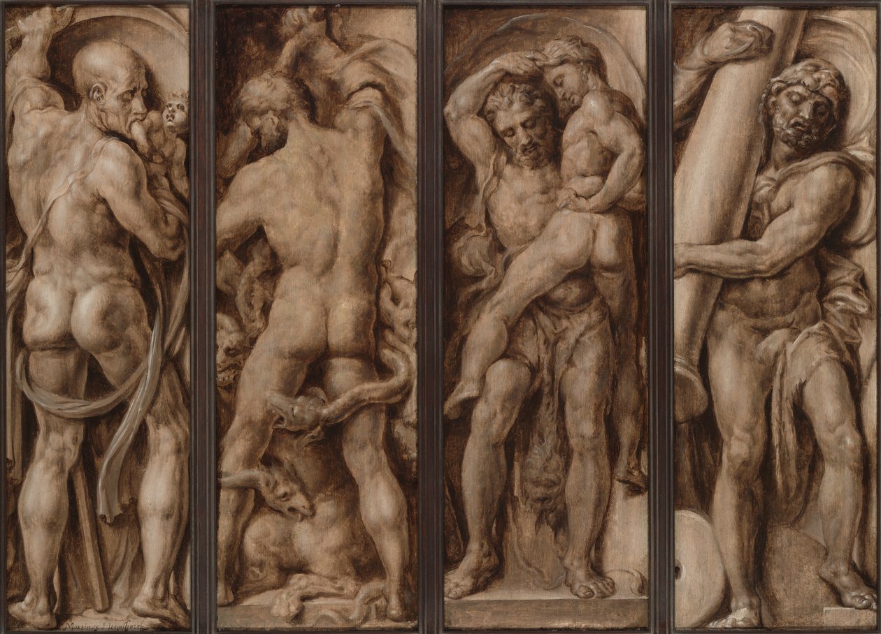 Saturn požírající dítě; Hercules zabíjející Hydru; Herkules zvedání Antaea; Herkules staví sloupy Calpe a Abyla od Maerten van Heemskerck
