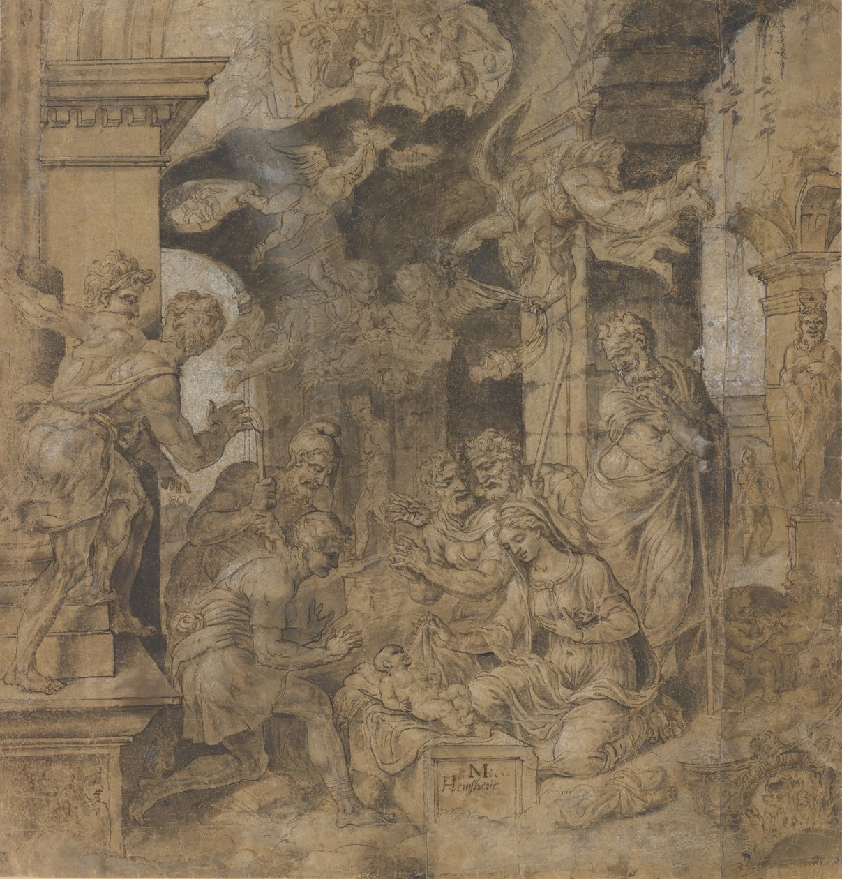 Klanění pastýřů, verso: Sketches, ca. 1532-37. od Maerten van Heemskerck