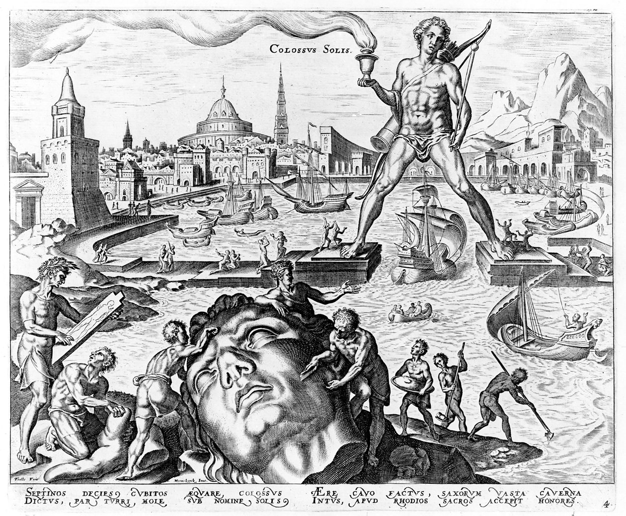 The Colossus of Rhodes, deska 4 z Osmi divů světa, ingr. Philips Galle, 1572 od Maerten van Heemskerck