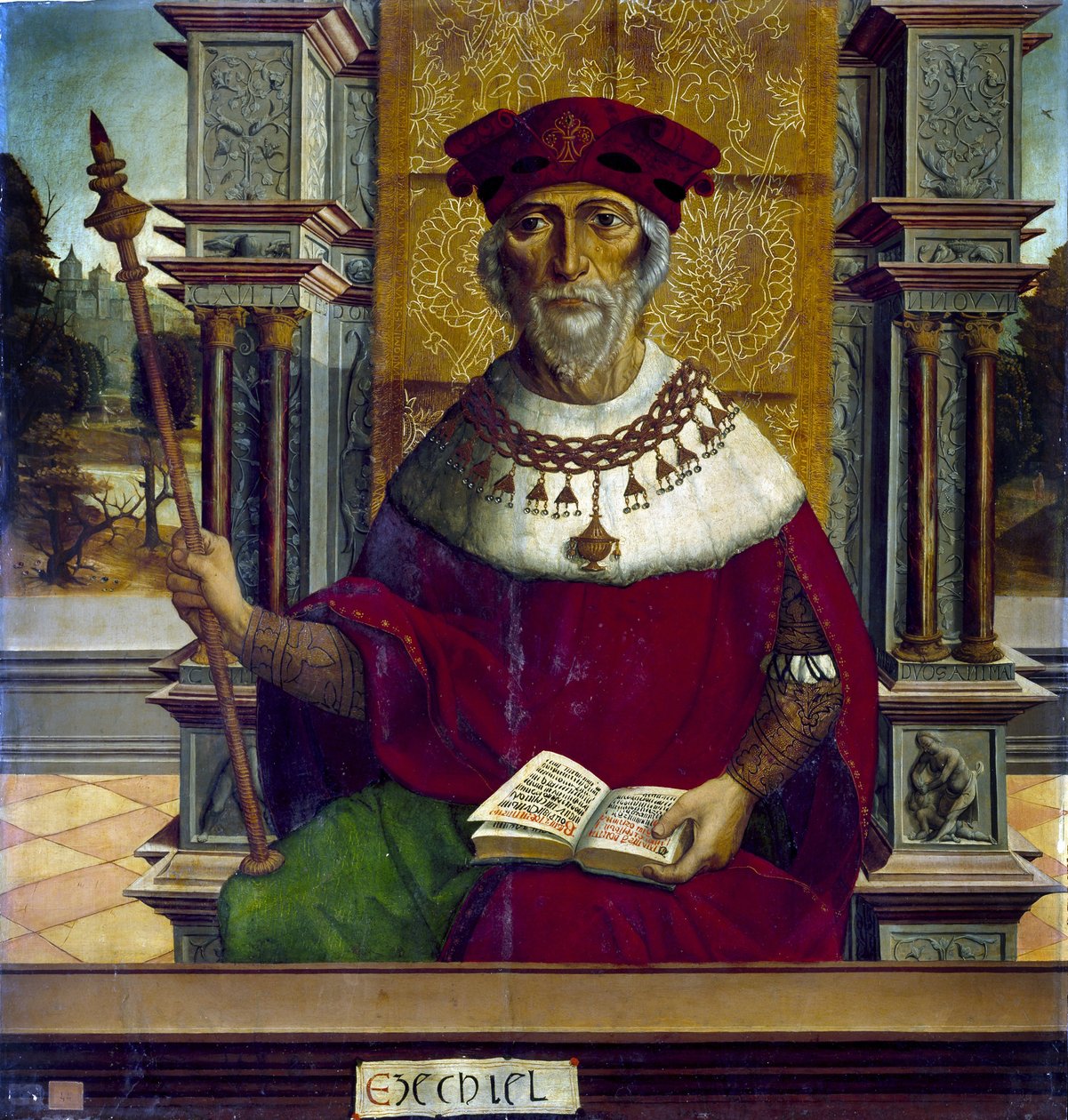 Le prophete Ezechiel - Prorok Ezechiel - Peinture od Master of Becerril (aktivní počátek 16. století) - c. 1525 - Olej na dřevě - 90,8x87,7 cm - Muzeum Prado, Madrid od Maestro de Becerril