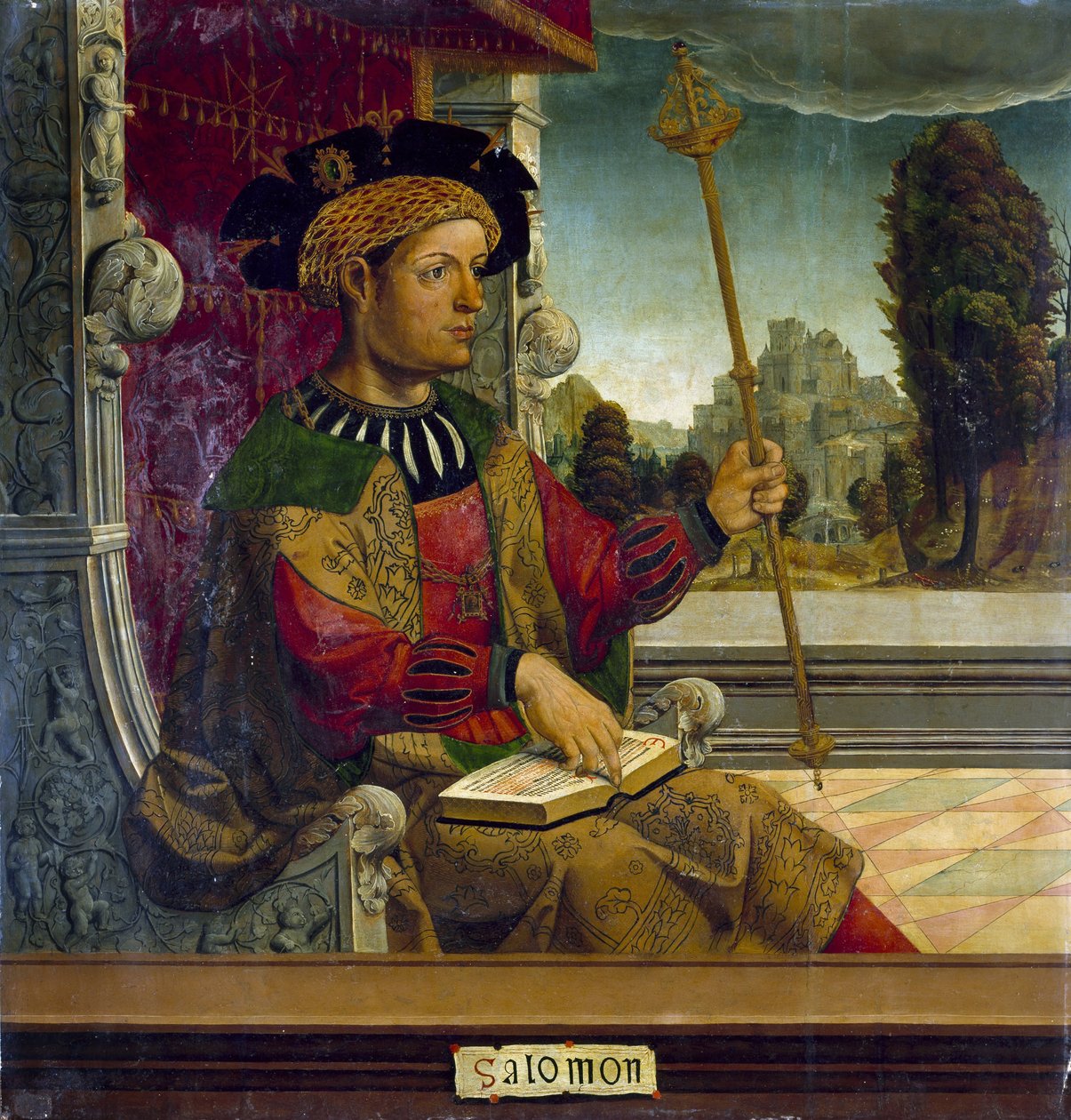 Král Šalamoun Izraelský - Král Šalamoun - Malba telete (aktivní počátek 16. století) - cca. 1525 - Olej na dřevě - 90,8x87,7 cm - Museo del Prado, Madrid od Maestro de Becerril