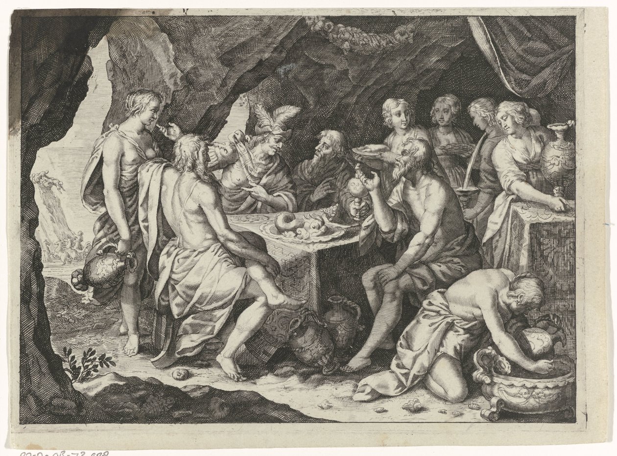 Scéna z Ovidiových metamorfóz: jídlo v jeskyni od Magdalena van de Passe (attributed to)