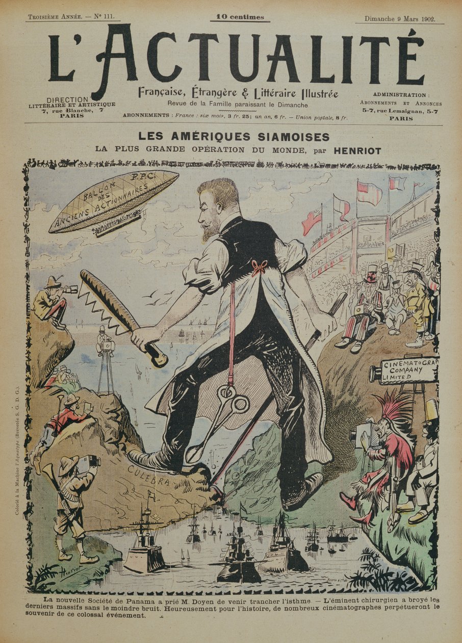 Karikatura na stavbě Panamského průplavu a mediální pokrytí kolem něj, obálka časopisu LActualite, 9. března 1902 od Henri Maigrot