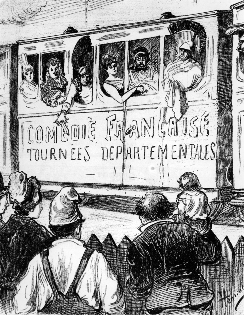 Obsazení Comédie Française na turné po Francii ve speciálním vlaku, zastavuje, aby umožnilo country lidem nahlédnout do divadla, 2. polovina 19. století od Henri Maigrot