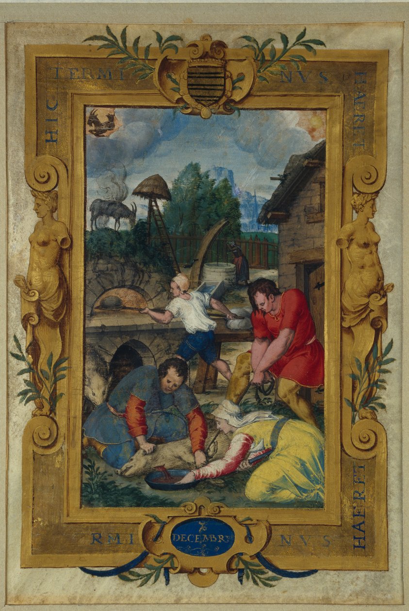 Kalendářní strana na prosinec, porážka prasete, z knihy hodin, cca 1550-60 od Maitre des Heures de Claude Gouffier