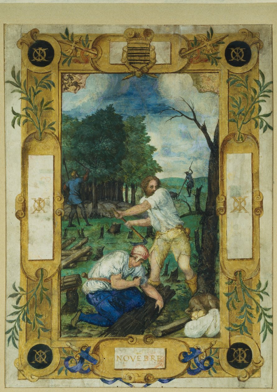 Kalendářní strana na listopad, kácení stromů, z knihy hodin, asi 1550-60 od Maitre des Heures de Claude Gouffier