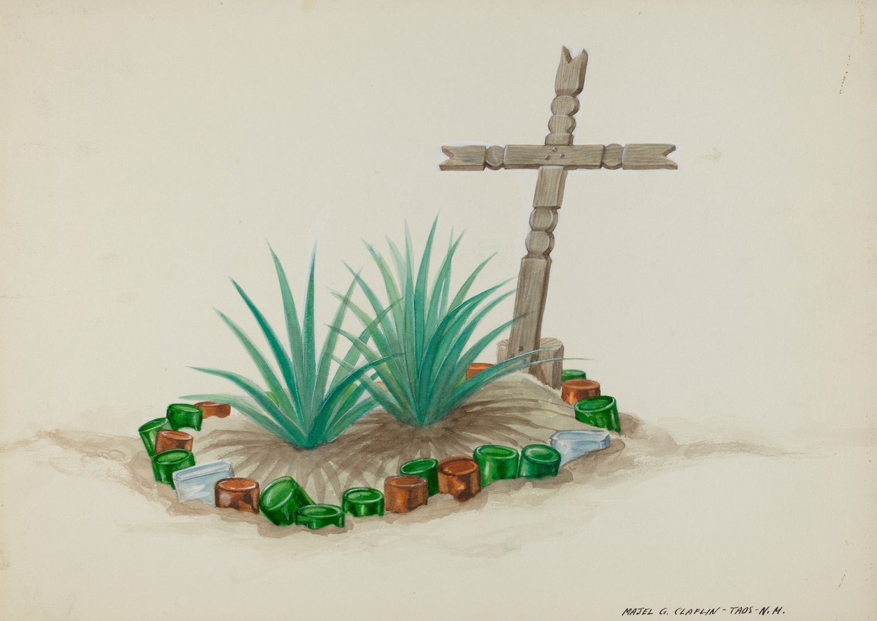 Dětský hrob s dřevěným křížem - dekorace lahví, c. 1937. od Majel G. Claflin