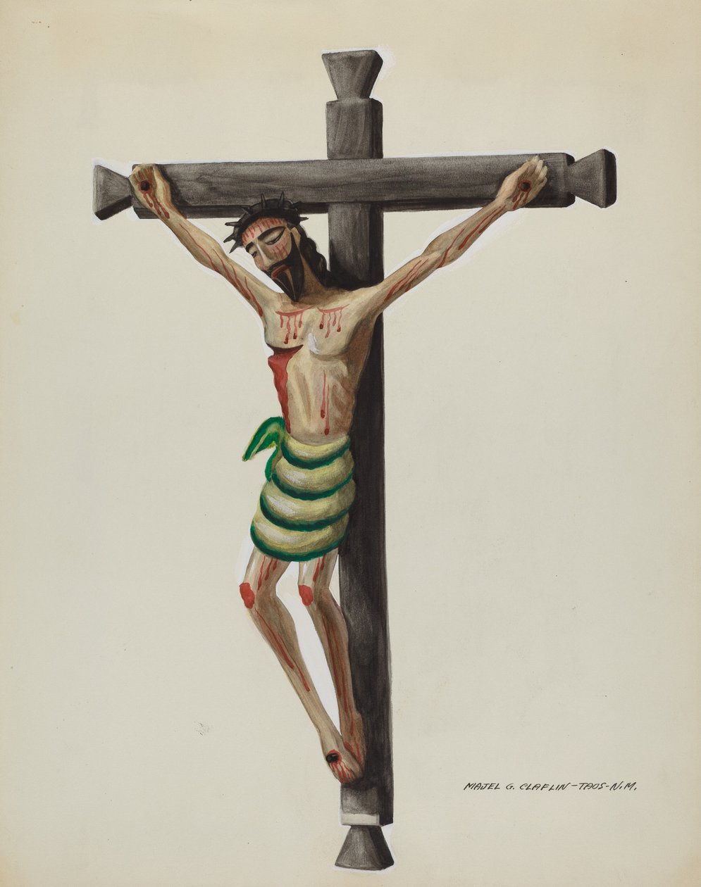 Cristo, vyřezávaný a malovaný, na černém vyřezávaném dřevěném kříži, c. 1937. od Majel G. Claflin