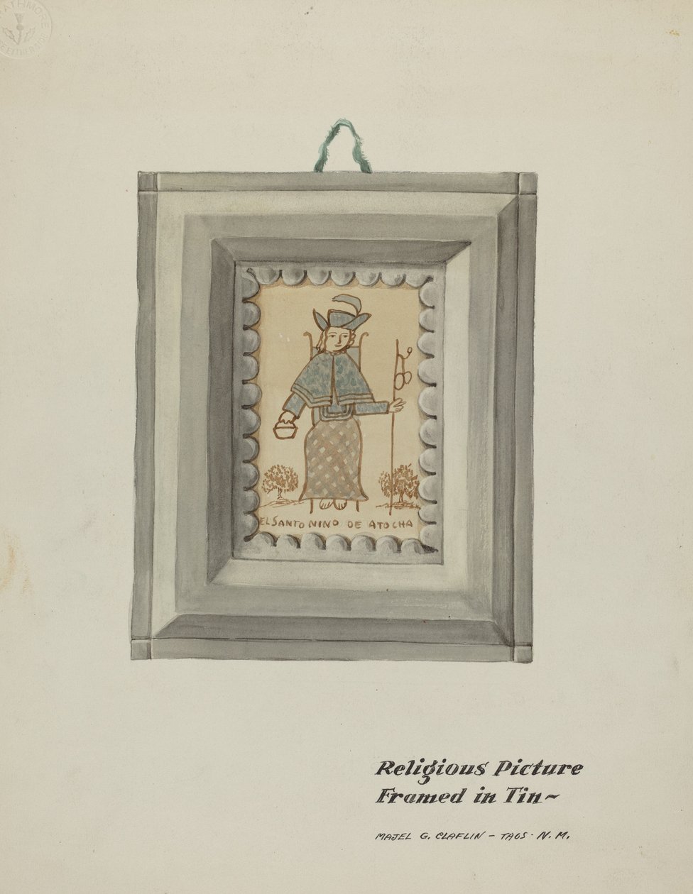 Ručně malovaný Santo Nino de Atocha-ručně vyrobený cínový rám, c. 1937. od Majel G. Claflin
