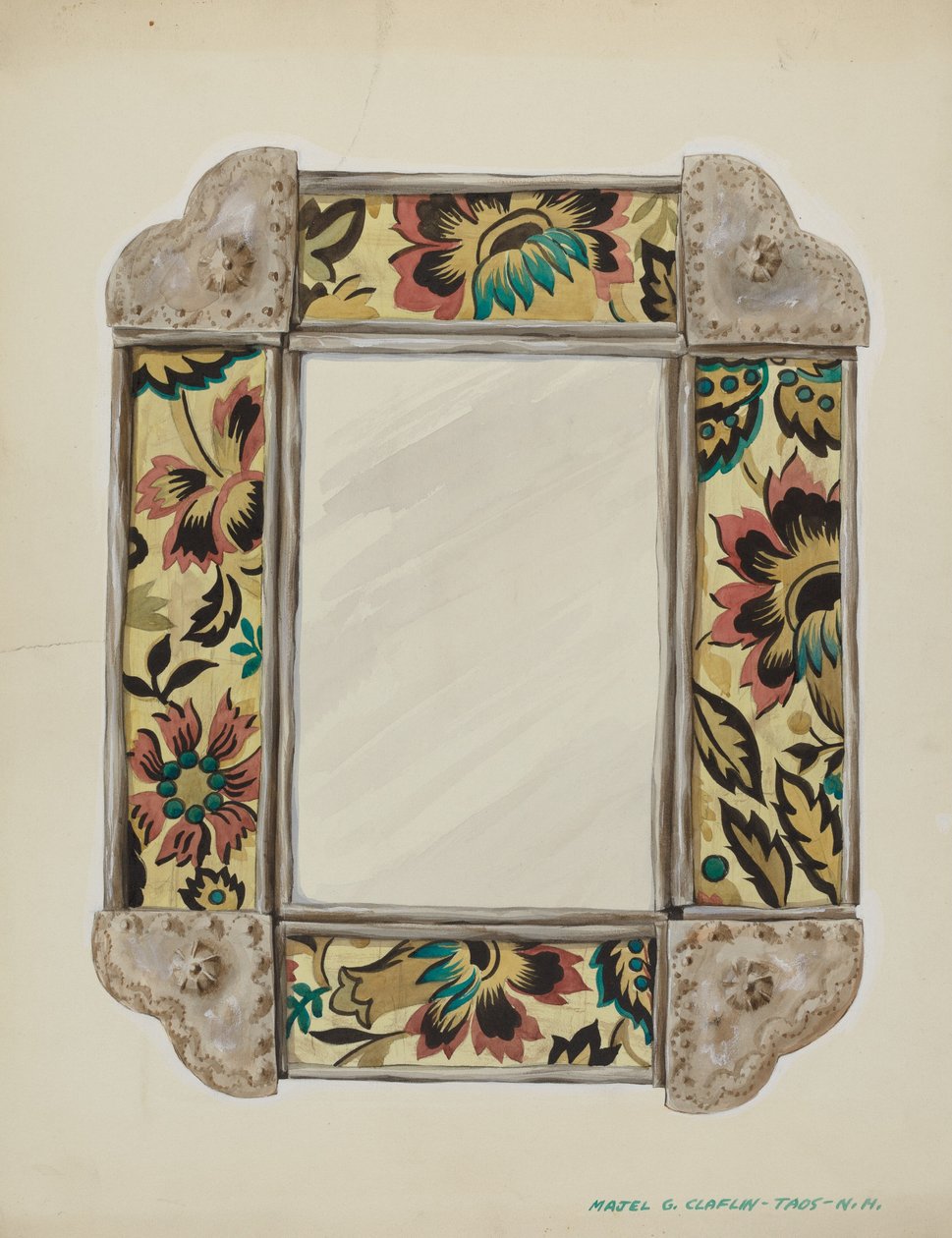 Zrcadlo, rámováno s nástěnnými papírovými panely, ohraničené cínem, c. 1938. od Majel G. Claflin