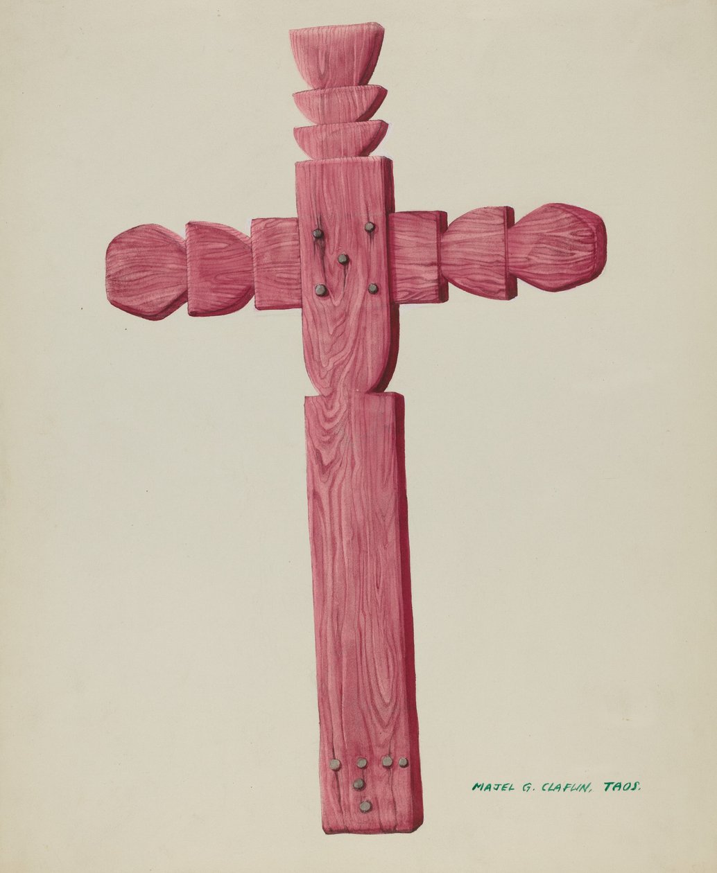 Červený dřevěný kříž používaný jako náhrobní kámen, c. 1937. od Majel G. Claflin