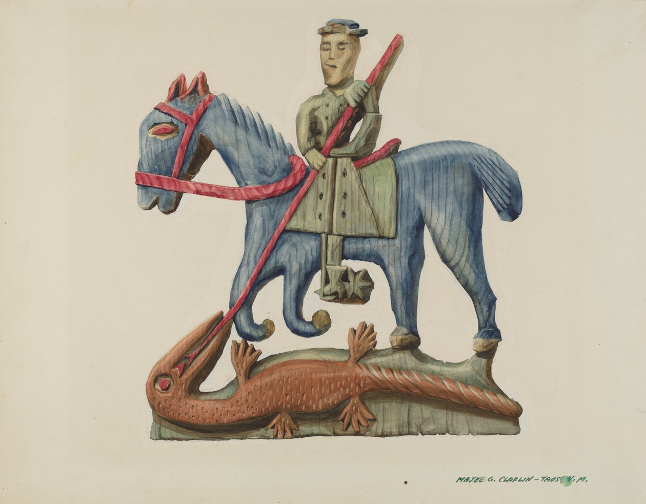 Saint George & the Dragon, vyřezaný z části prkna - malované, c. 1938. od Majel G. Claflin