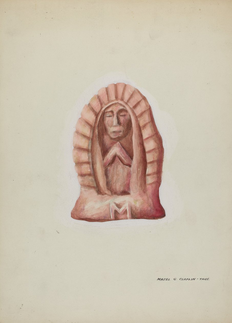 Malá socha Guadalupe vytesaná do kamene, c. 1937. od Majel G. Claflin