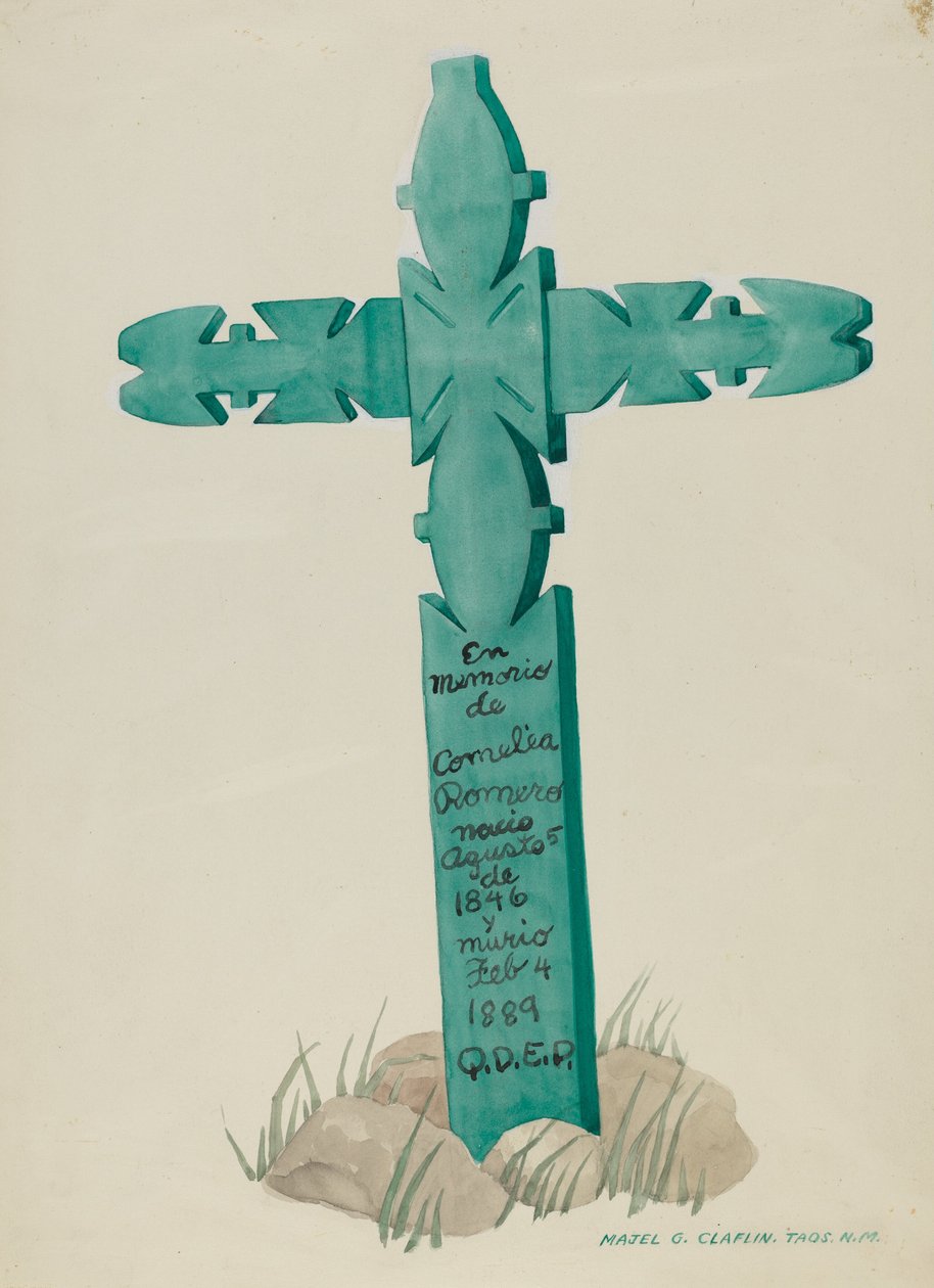 Dřevěný kříž, vyřezávaný, použitý jako náhrobní kámen, c. 1937. od Majel G. Claflin