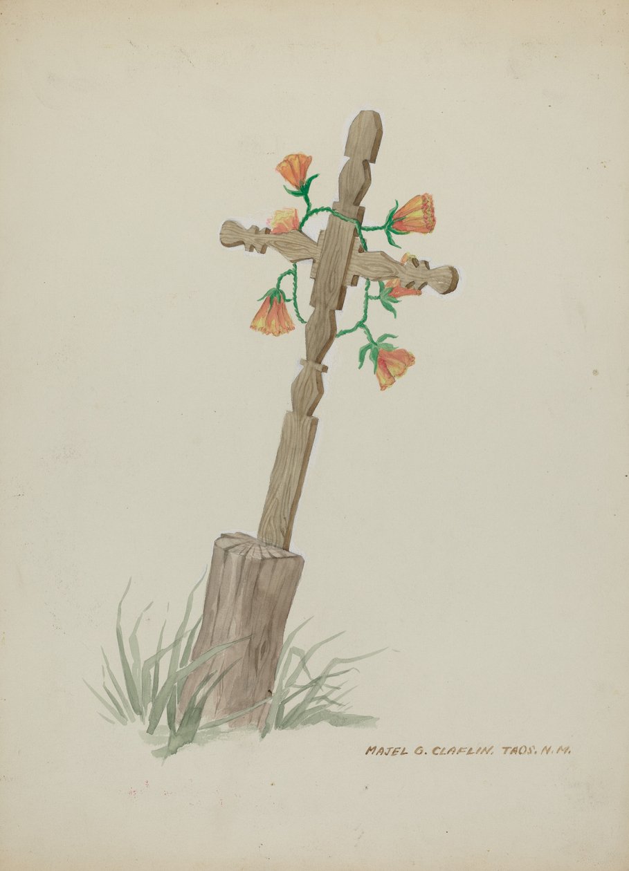 Dřevěný kříž používaný jako náhrobní kámen, c. 1937. od Majel G. Claflin