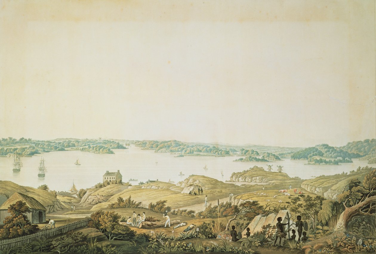Část přístavu Port Jackson a země mezi Sydney a Blue Mountains, Nový Jižní Wales, pravá část panoramatického pohledu, kolem 1821 (akvatinta) od Major James Taylor