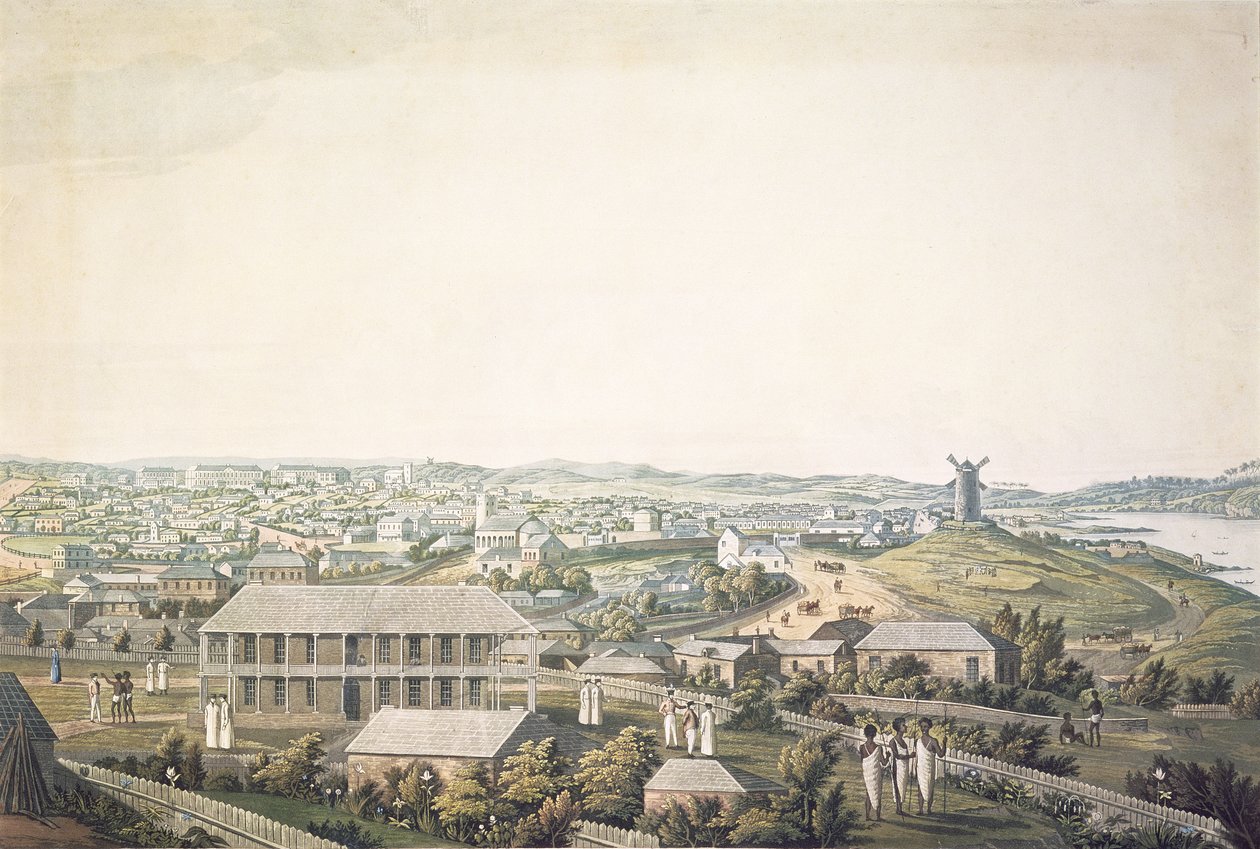 Město Sydney v Novém Jižním Walesu, centrální část panoramatického výhledu, c.1821 (akvatinta) od Major James Taylor