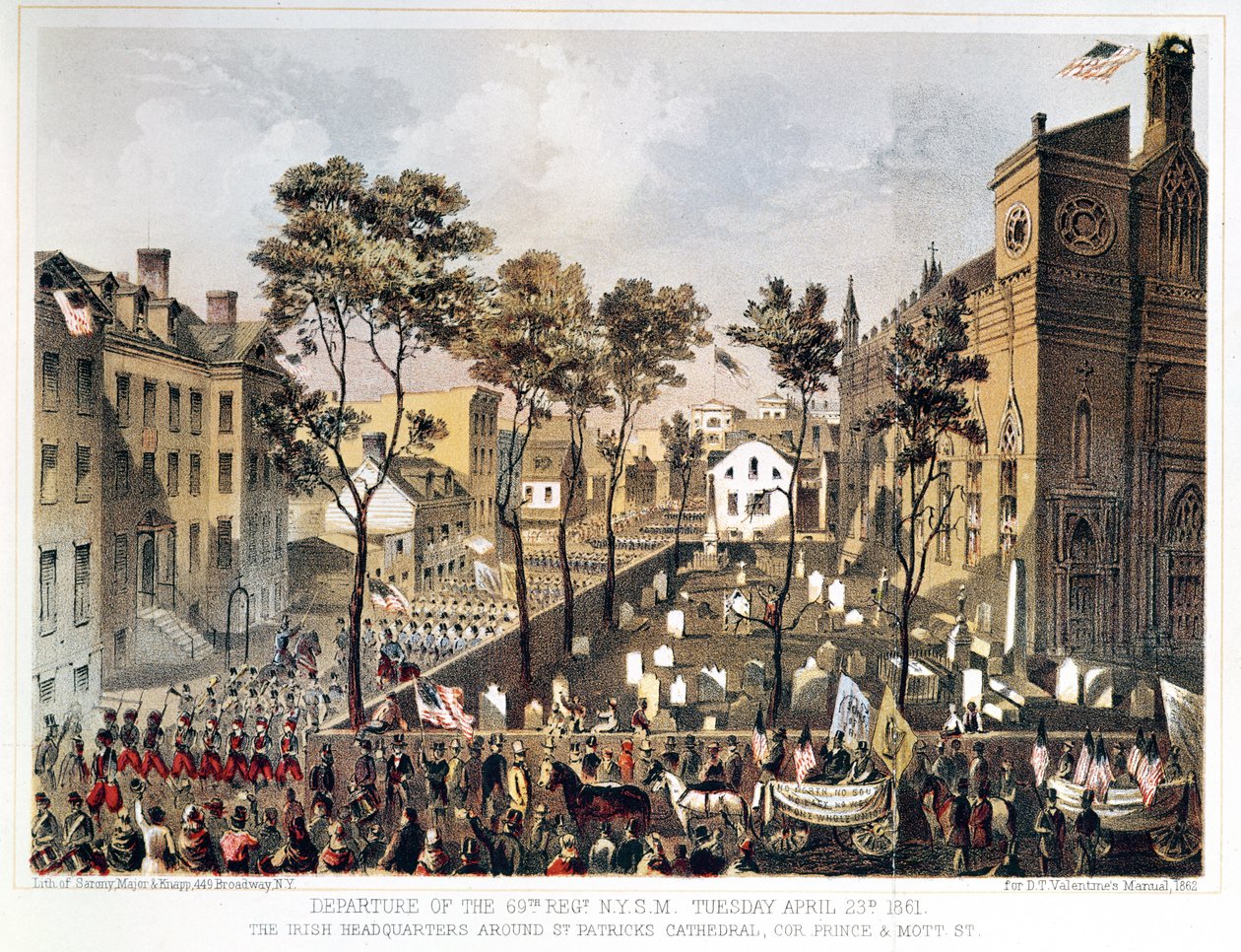 Odjezd 69. pluku, N.Y.S.M., 23. dubna 1861, irské velitelství kolem katedrály sv. Patrika, roh Prince and Mott Street, New York od Major and Knapp Sarony