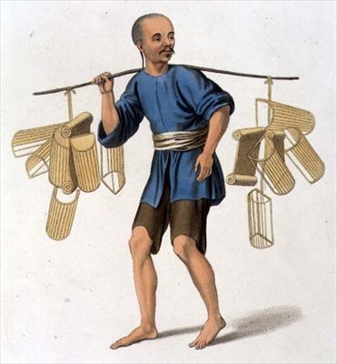 Prodavač polštářů, deska 33 z knihy "The Costume of China", vyryl J. Dadley od Major George Henry Mason