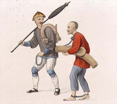 Vedení pachatele do vyhnanství, deska 19 z „The Punishments of China“, vyryl J. Dadley od Major George Henry Mason