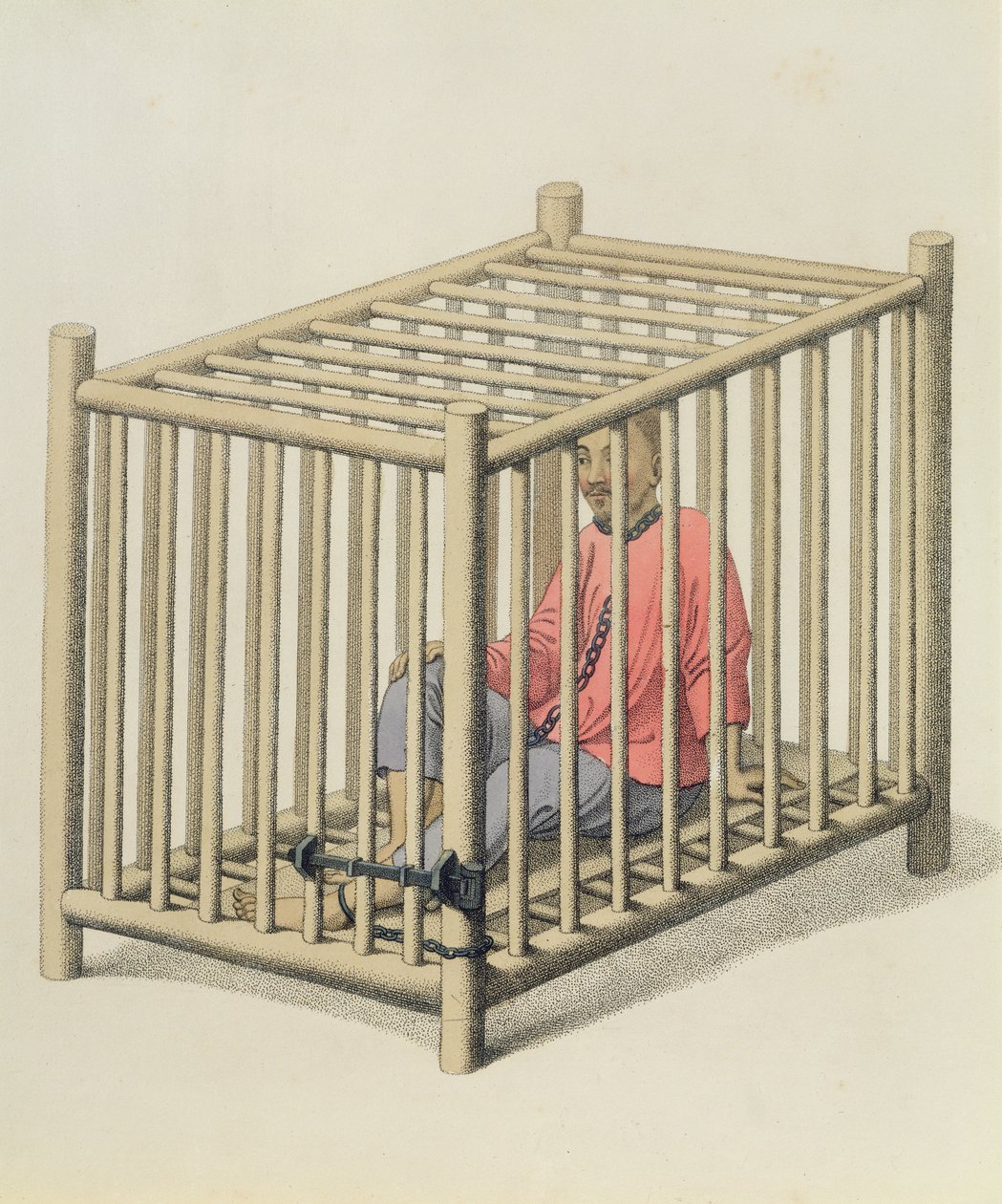 Zločinec v kleci, deska 15 z knihy "The Punishments of China", vyryl J. Dadley, 1804 od Major George Henry Mason
