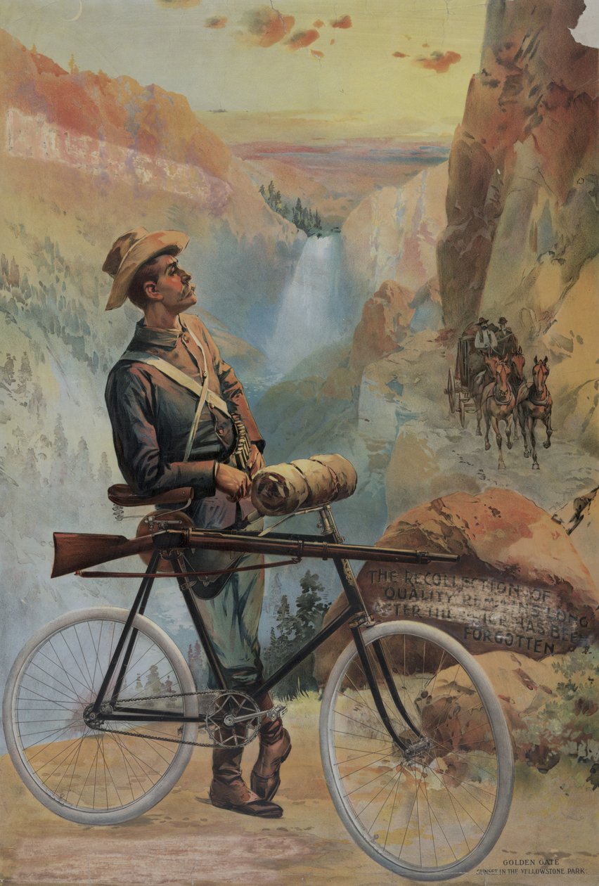 Zlatá brána, západ slunce v Yellowstonském parku, asi 1897 (chromolitografie) od Major and Knapp Sarony